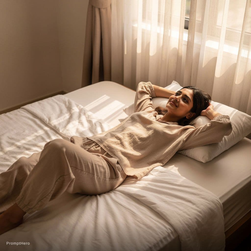 AI generated: A indian girl, laying naked on bed with her legs wide and her arms above her head. She wears no make...