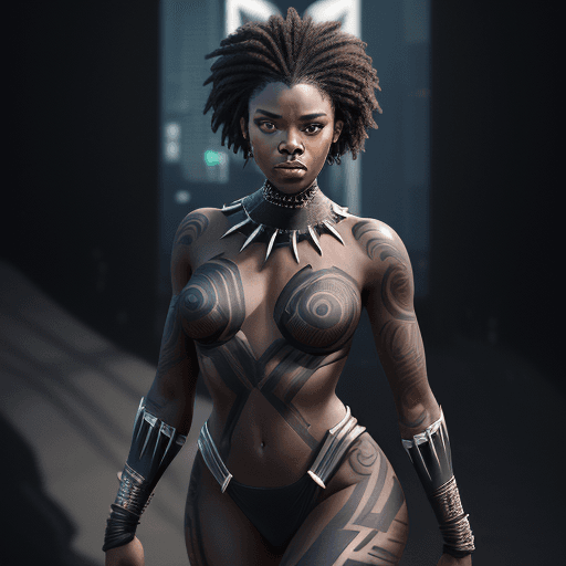 AI generated: female dressed as BLACK PANTHER, tattoos, (full body visible), looking at viewer, portrait, photogra...