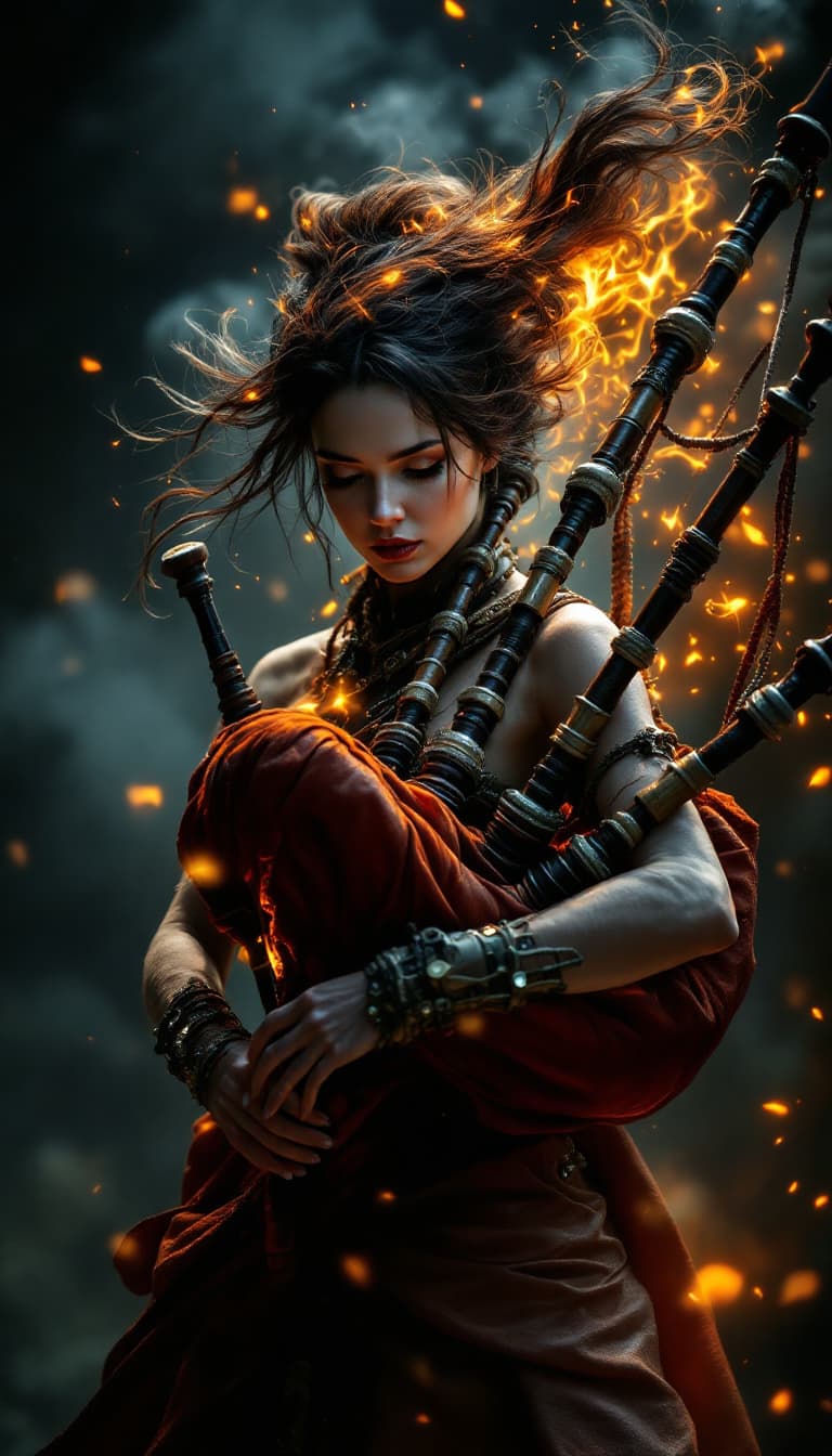 AI generated: An ultra-realistic photograph of a surreal fusion of human and instrument: a female bagpipes, photog...