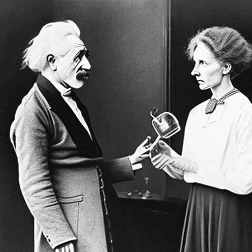 AI generated: Albert Einstein with Marie Curie doing experiments