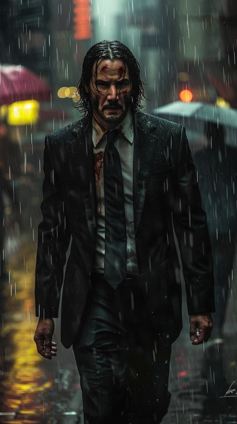 AI generated: medium close-up still of young Keanu Reeves as John Wick walking through the rain in a dark alley in...