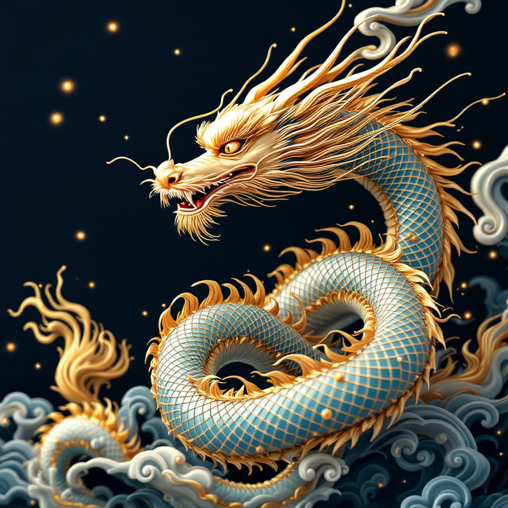 AI generated: blue, beige, gold dragon chinese style. Cinematic, hyper realism, high detail, octane render, 8kr