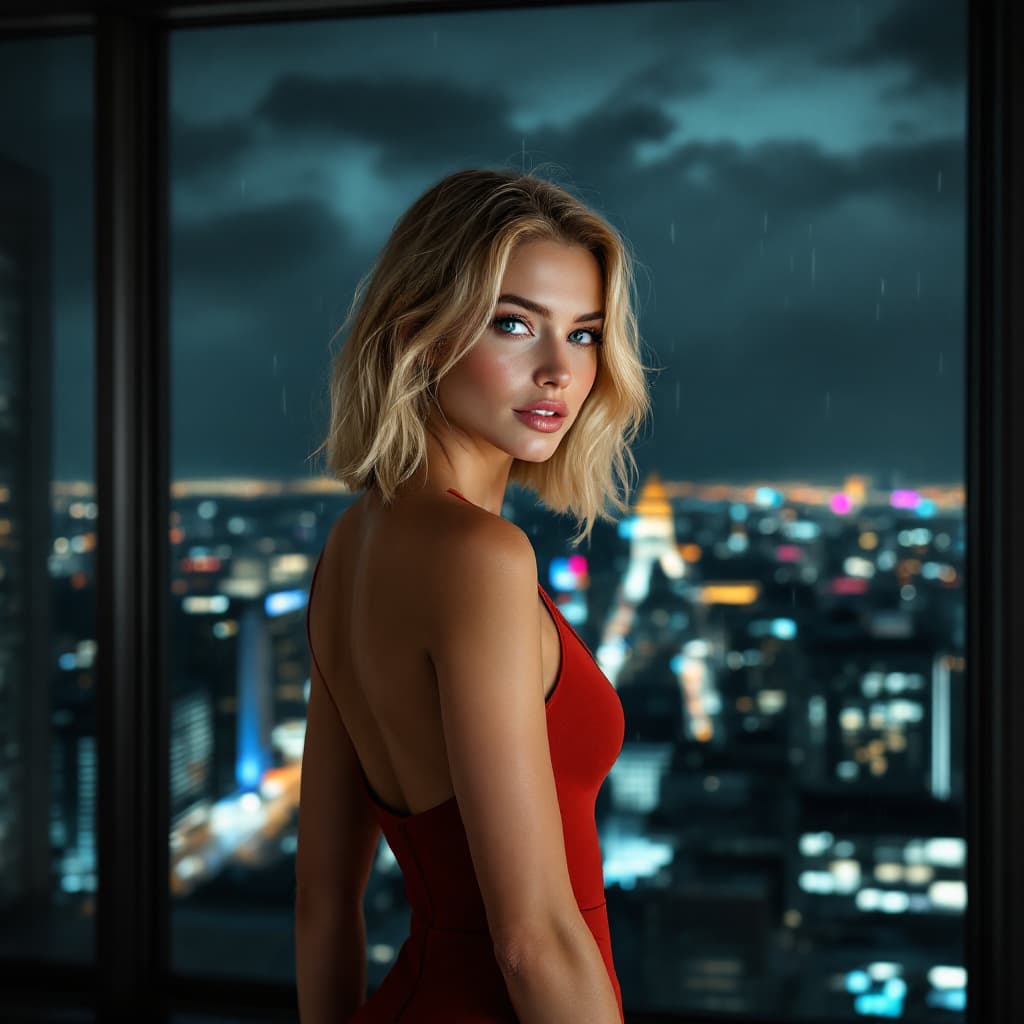 AI generated: A woman stands in front of a large picture window with a view of a vibrant city at night. Her should...