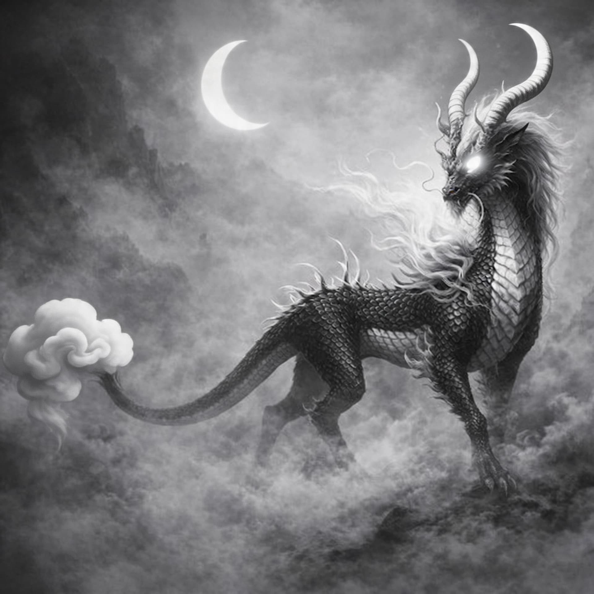 AI generated: Create a Moon Cloud Kirin Dragon with glowing white eyes with crescent moon like horns and cloud lik...