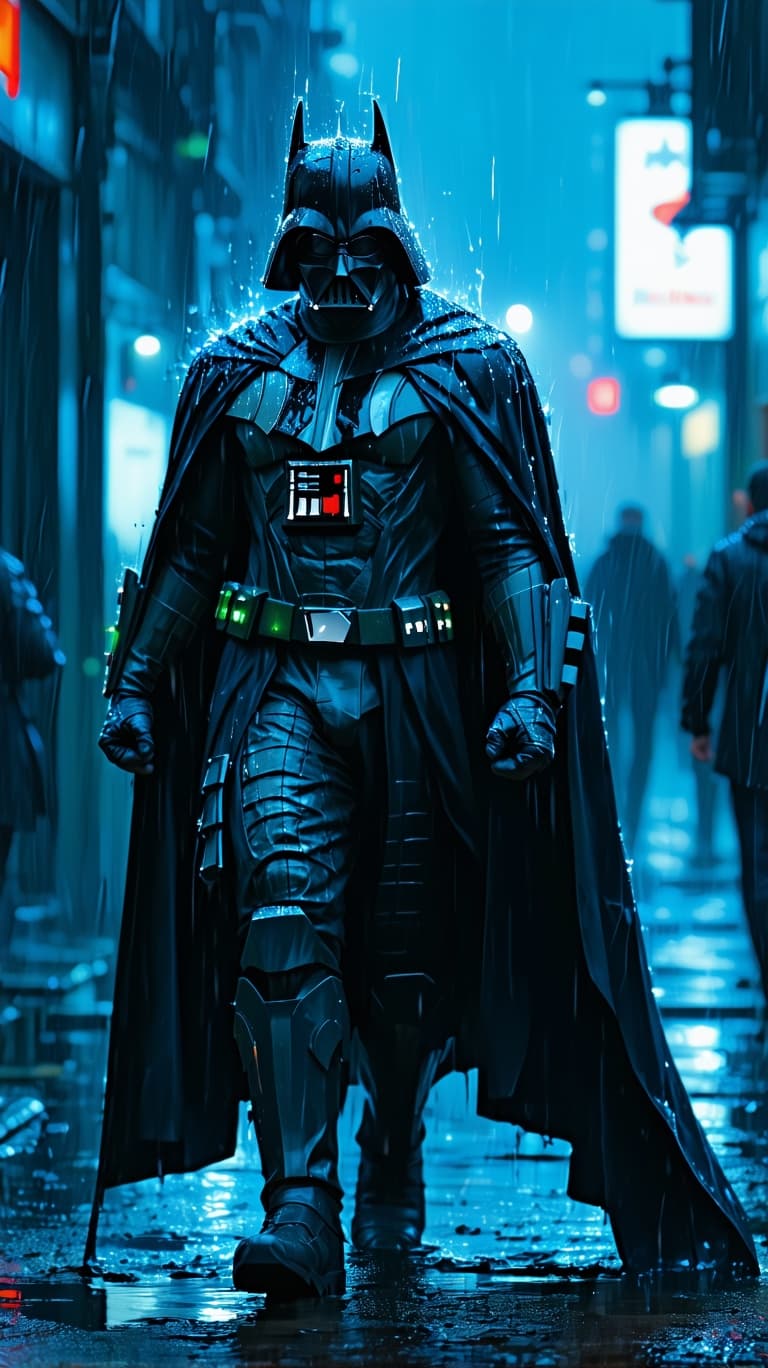 AI generated: a super villain standing in the rain, cyberpunk art, inspired by Raymond Swanland, conceptual art, b...