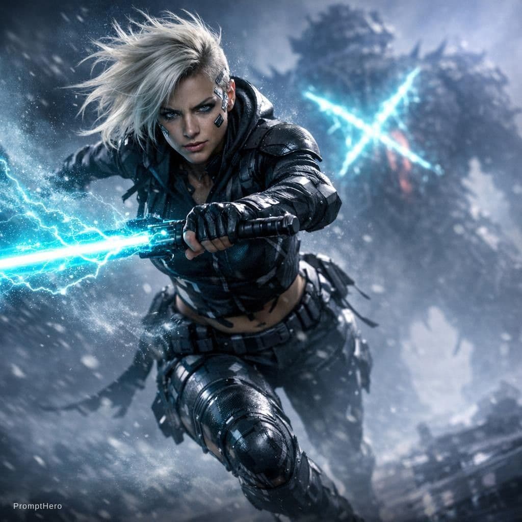 AI generated: Dramatic epic science fiction scene, full-body shot, low tilted angle (dynamic dutch angle). A fierc...