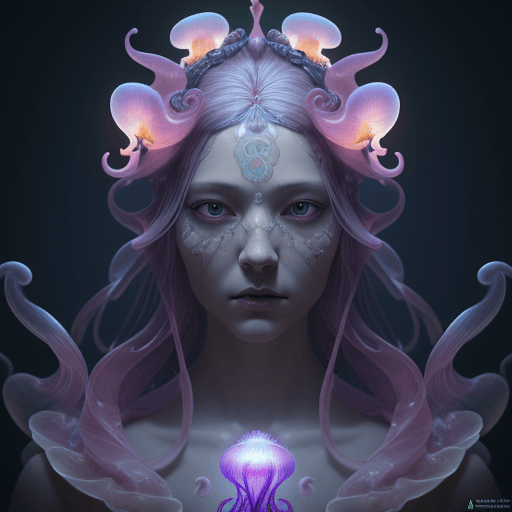 AI generated: Goddess close-up portrait ribcagel. jellyfish phoenix head, nautilus, orchid, skull, betta fish, bio...