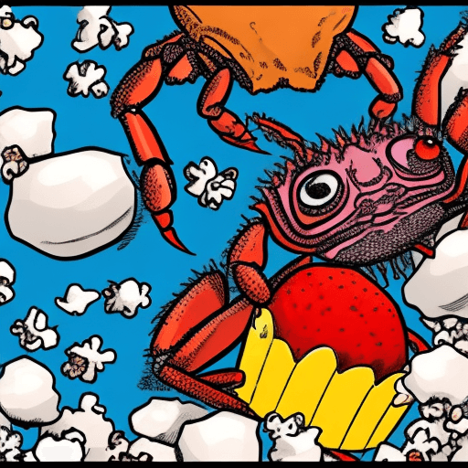 AI generated: A crab eating popcorn with friendly eyes in comic art 