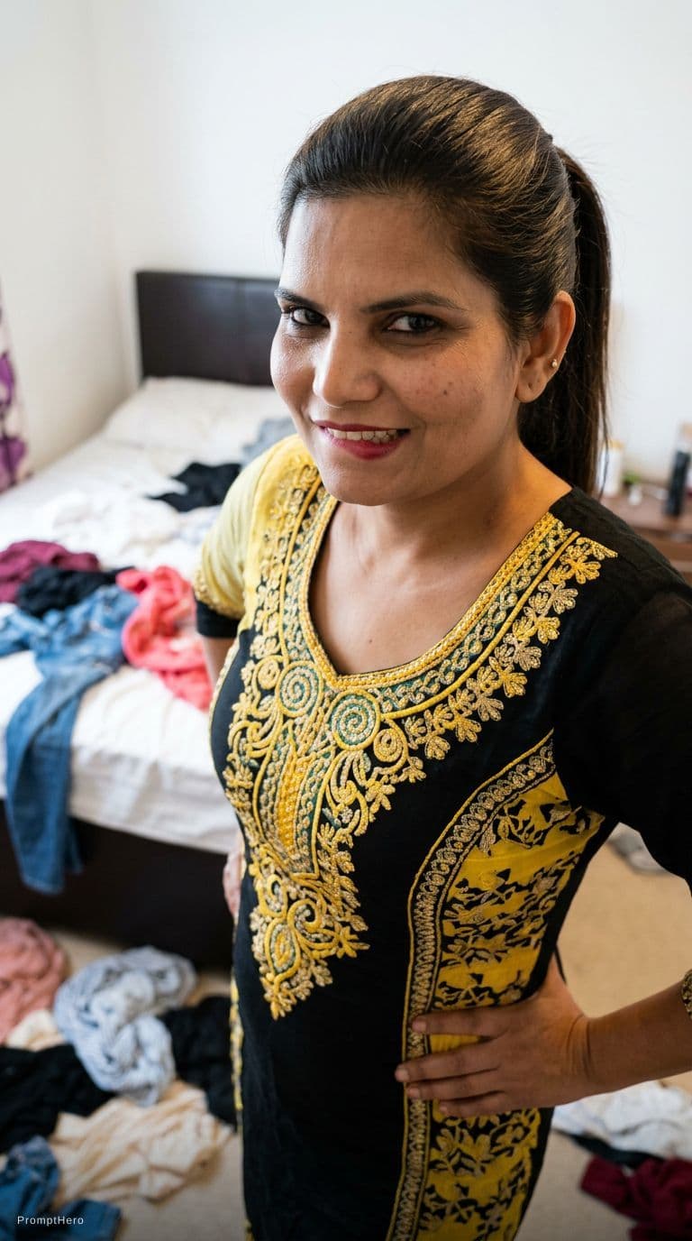 AI generated: teasing, wearing the same bodycon dress, standing seductive pose in a messy bedroom, ponytail hairst...