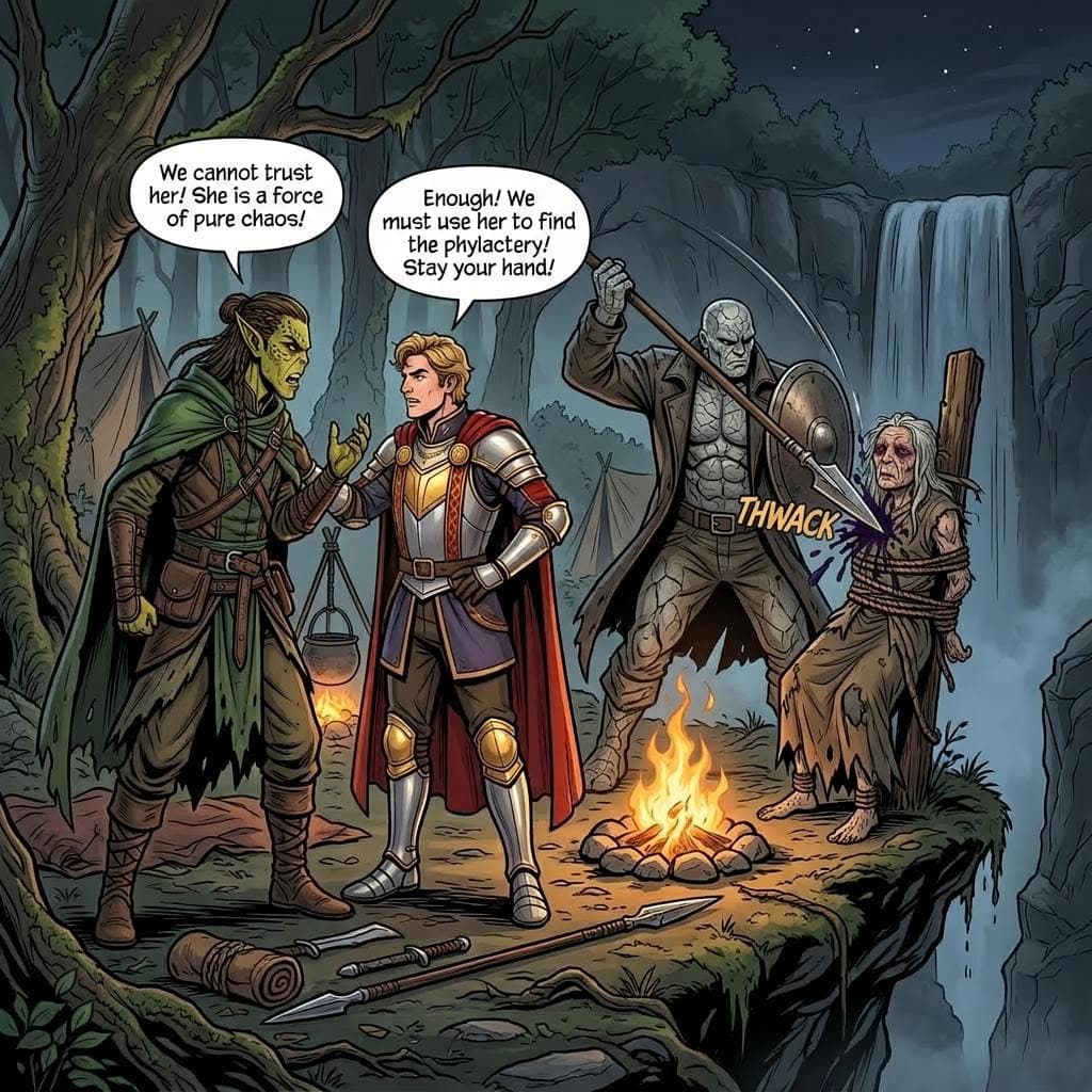 AI generated: a male githzerai argues with a human male knight as a stone golem fighter throws a spear through the...