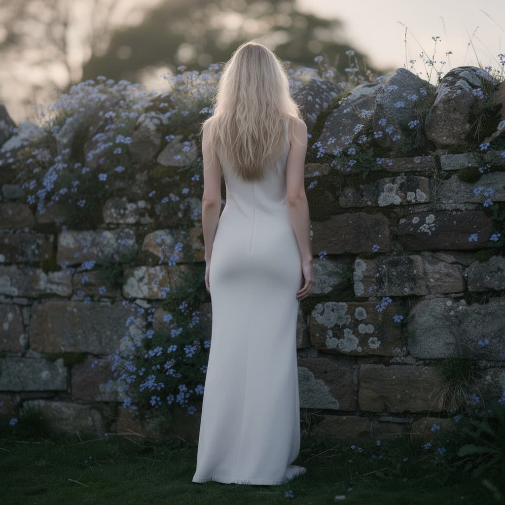 AI generated: standing facing an old stone wall blue flowers, (full length: 1.5) photo of a 30 years old (naked: 1...