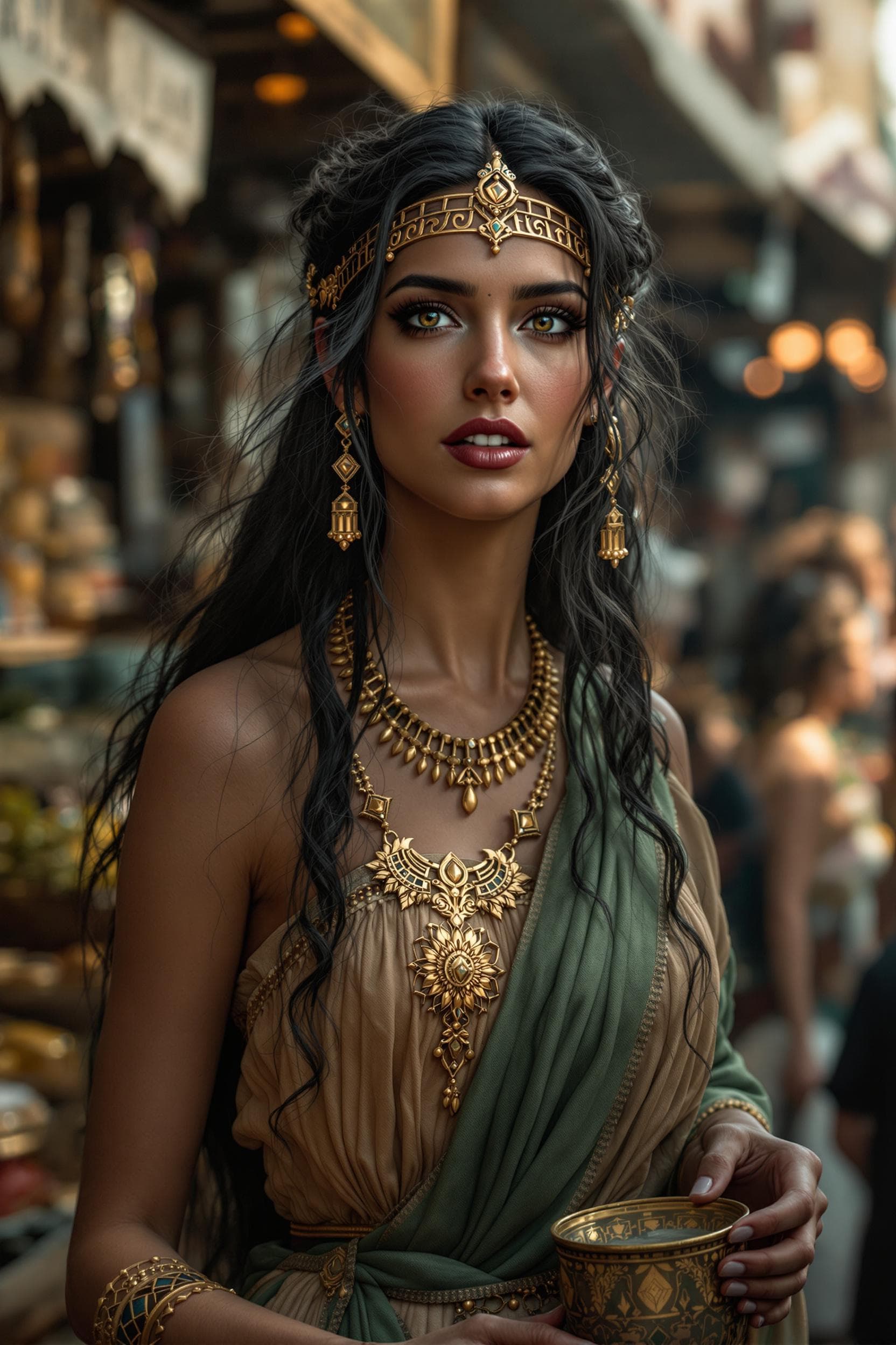 AI generated: déesse grecque sur un marché romain antique, elle rit avec les dents découvertes, elle porte un long...