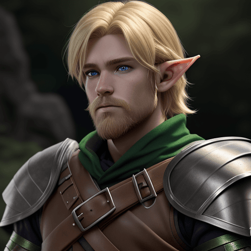 AI generated: Half-Elf male from D&D, shaggy blonde hair, blonde bearded, ranger, black and green leather armor, u...
