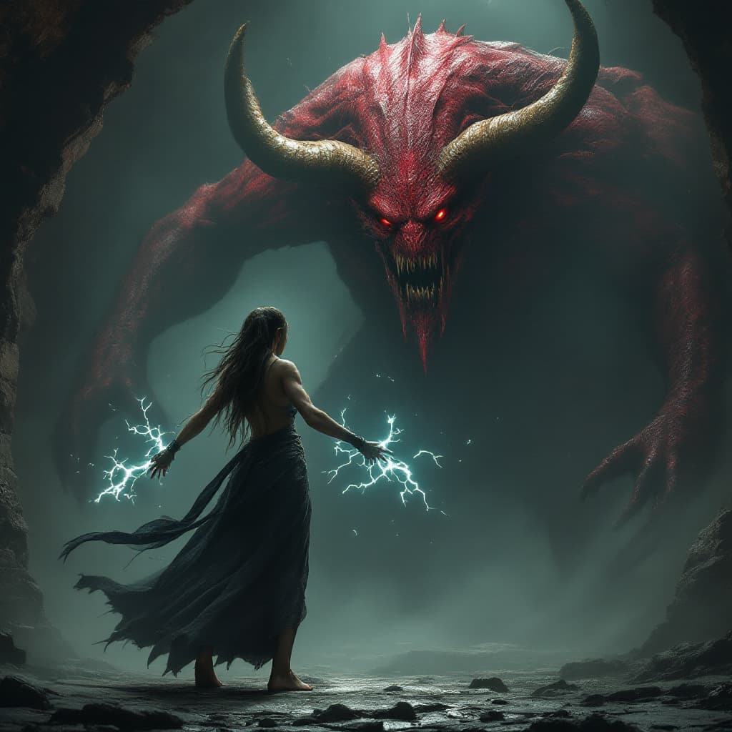 AI generated: A female barefoot wizard facing a massive, horned faceless demon in a dark, ancient dungeon, the wiz...