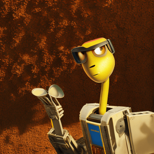 AI generated: WALL·E with flower. cinematic lighting, volumetric rays, moody, wet, dripping mud --ar 2:3 --s 750