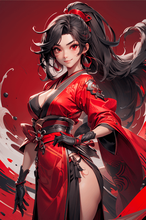 AI generated: 1girl, japanese woman, jewelry, earrings, black_hair, breasts, solo, gloves, medium_breasts, red the...
