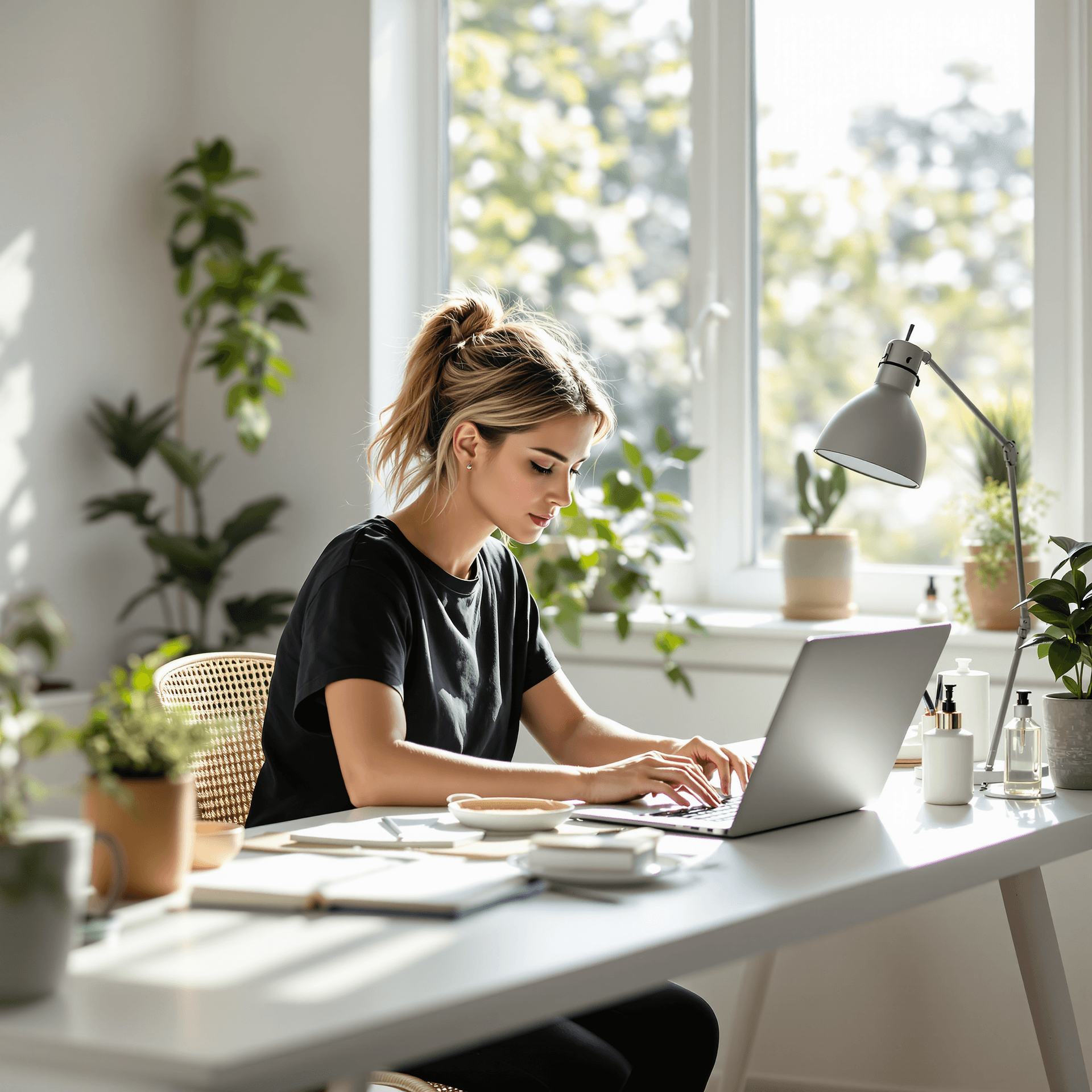 AI generated: modern, minimalist workspace, focused designer woman at a white desk, surrounded by objects of produ...