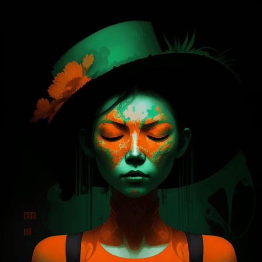 AI generated: A orange campesina china with closed eyes, in the style of Jarek Kubicki, verde background, neon lig...