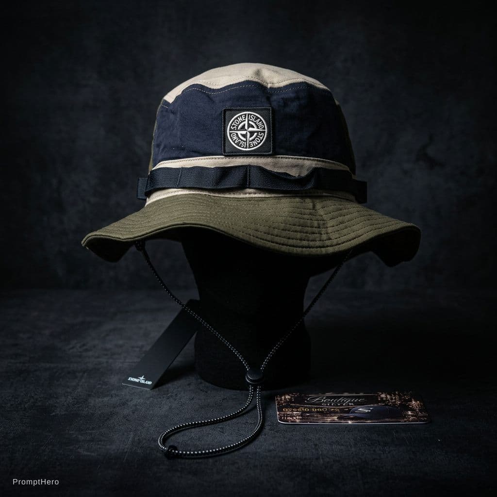 AI generated: "Stone Island bucket hat, dark dramatic background, studio lighting, luxury streetwear photography, ...