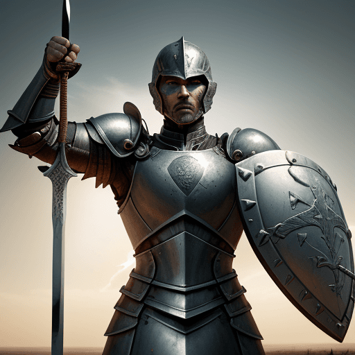 AI generated: Human Fighter, Warden of Steel. Battlefields stretching to the horizon. Clad in battle-worn armor, s...