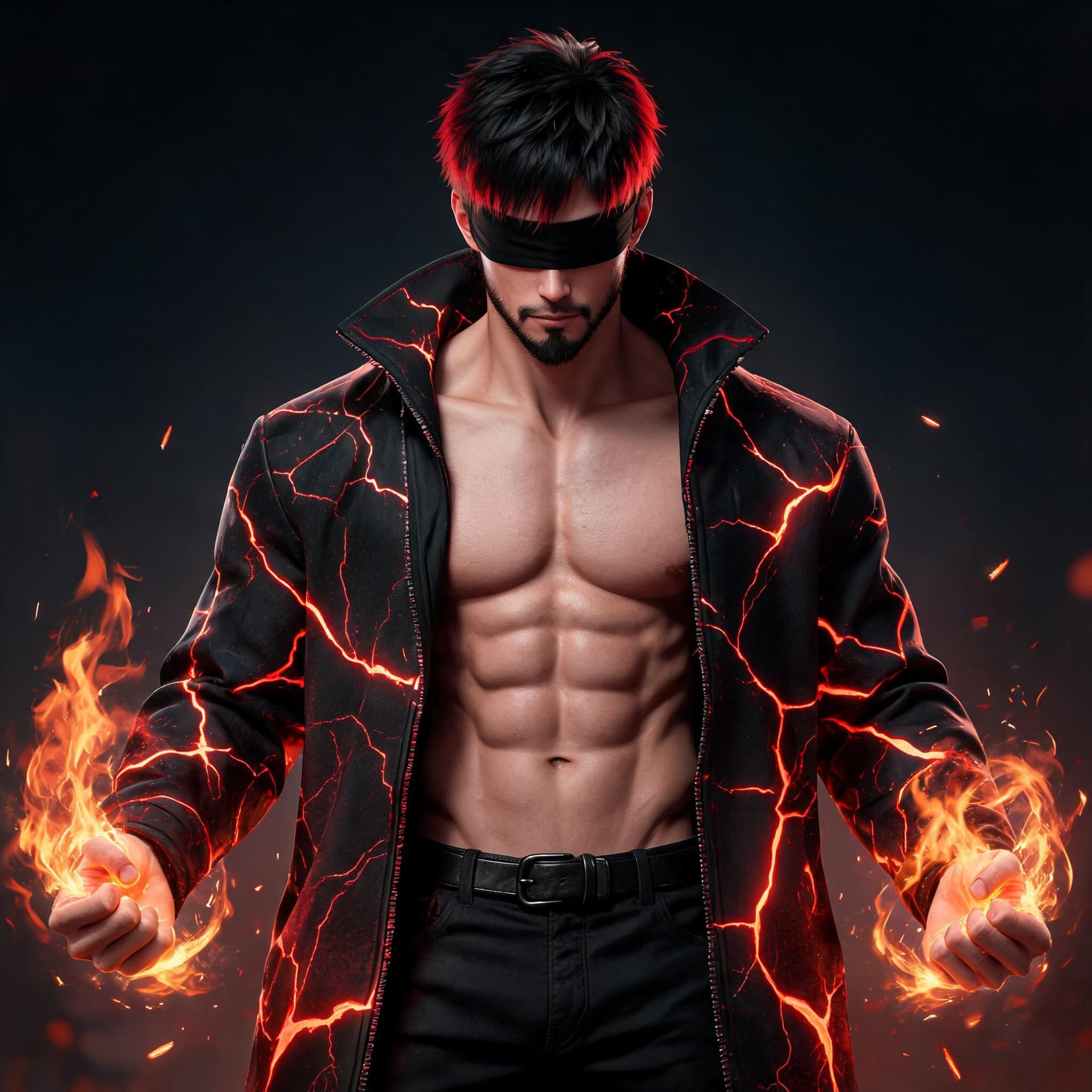 AI generated: an attractive muscle man with the power to control combustion and fire wearing a black coat with red...