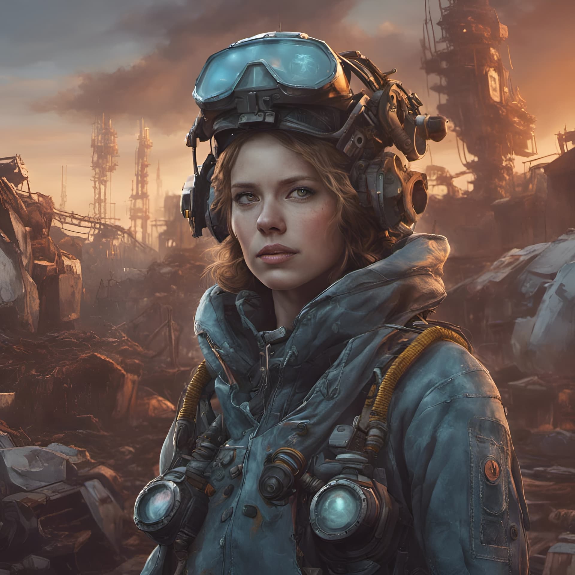 AI generated: a mid distance portrait of woman wearing a survival outfit, lots of gear, Junkyard in the background...