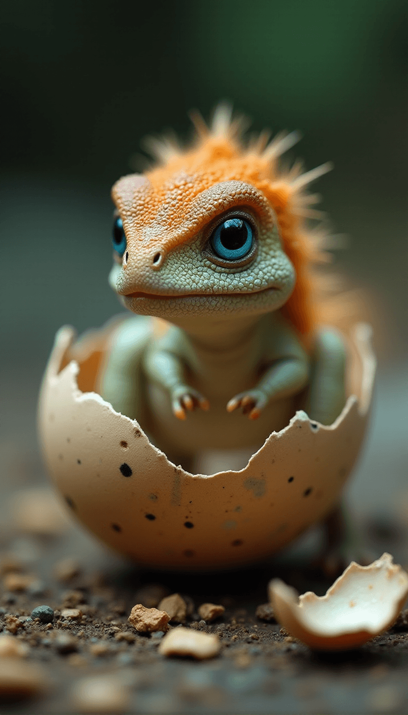AI generated: (Photorealistic macro shot) of a (miniature newborn dinosaur) crawling out of a (broken eggshell). T...