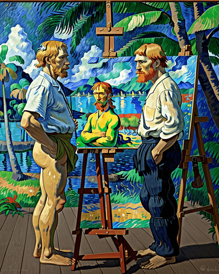 AI generated: Side view Gauguin style  portrait of only two men:  van Gogh and Gauguin standing in front of easel ...