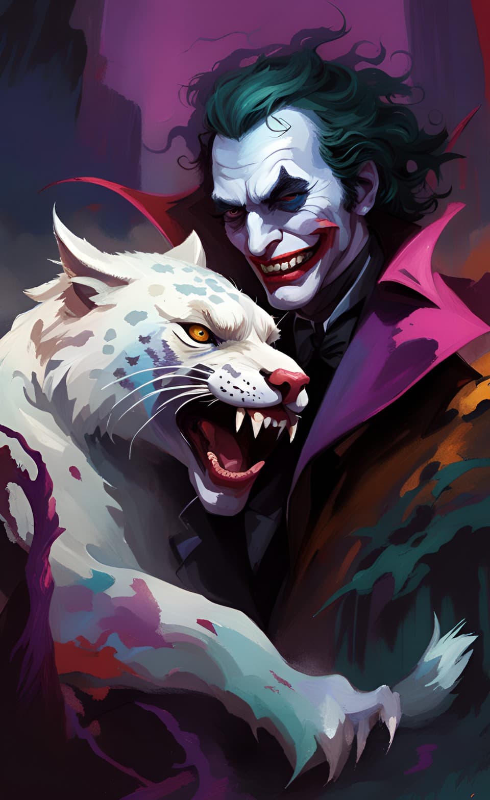 AI generated: Insane portrait digital painting of The Joker, the dark night rises, as a Vampire, in an action pose...