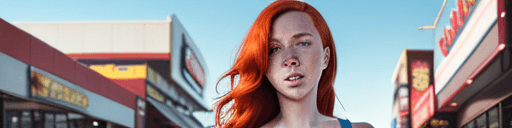 AI generated: Busy City photography, on the road, redheaded woman with freckles walking next to a strip mall, wear...