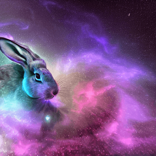AI generated: galaxies, spirals, space, nebulae, stars, smoke, iridescent, intricate detail, in the shape of a rab...