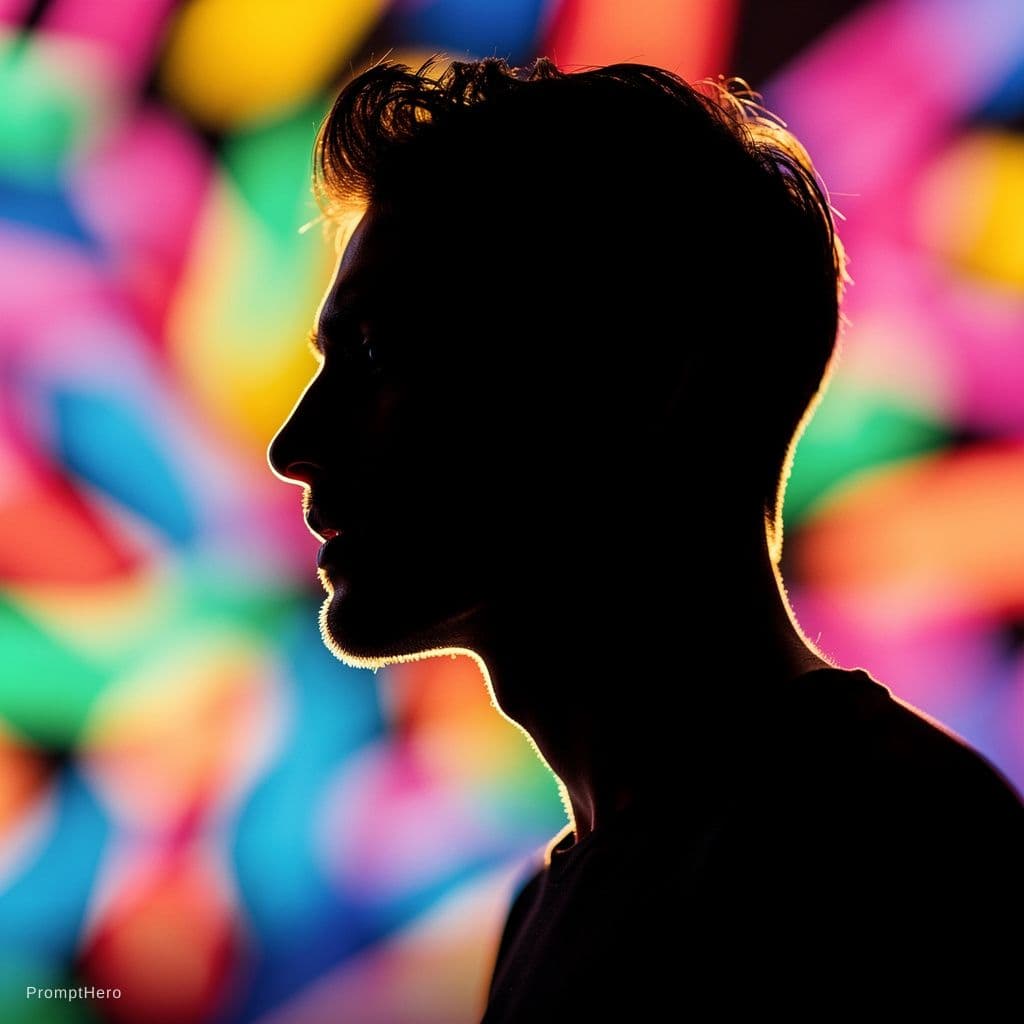 AI generated: photography, portrait. power of contrast, man model profile silhouette of a vibrant randomly color b...