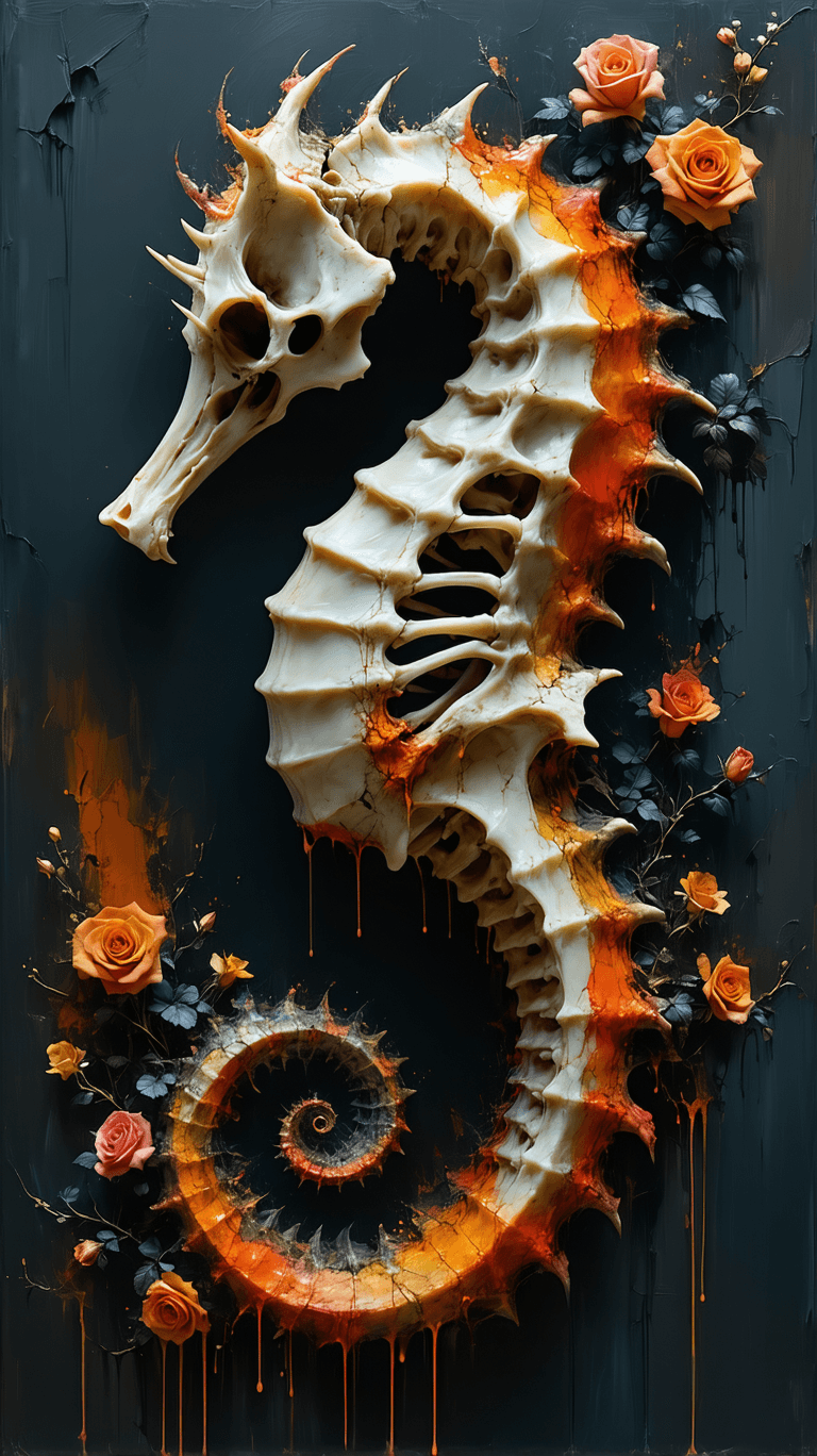 AI generated: 

> A decayed, skeletal seahorse viewed in telescopic macro focus, rendered in monkchrome hues of ...