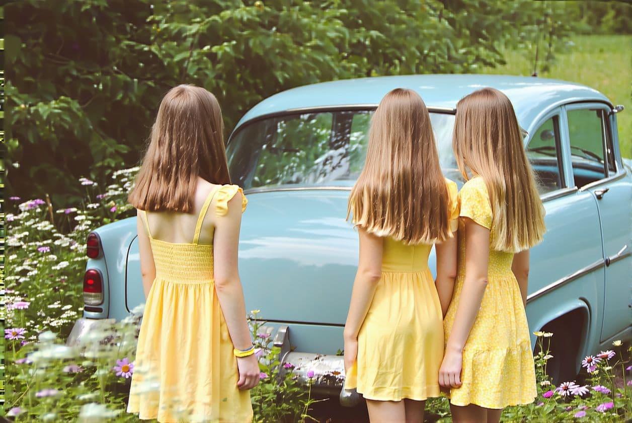AI generated: Scene with girls and vintage cars
Three girls in yellow dresses stand next to an old car, surrounded...