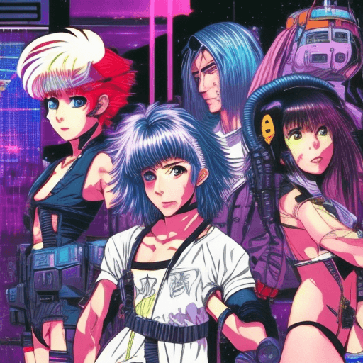 AI generated: classic anime, 80s/90s aesthetics, original characters, Cyberpunk, fantasy-style art, space themes