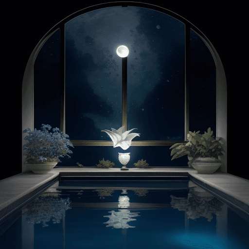 AI generated: White lily with dark green stem and indigo edges, dripping indigo into a pool with full moon lightin...