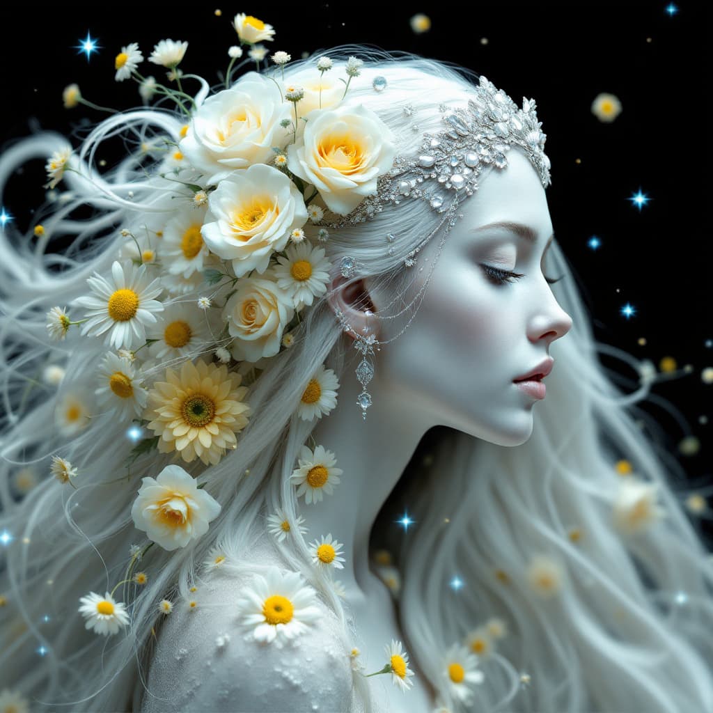 AI generated: An ethereal 3D side-profile image of a woman with pale skin and flowing white hair, blending into an...