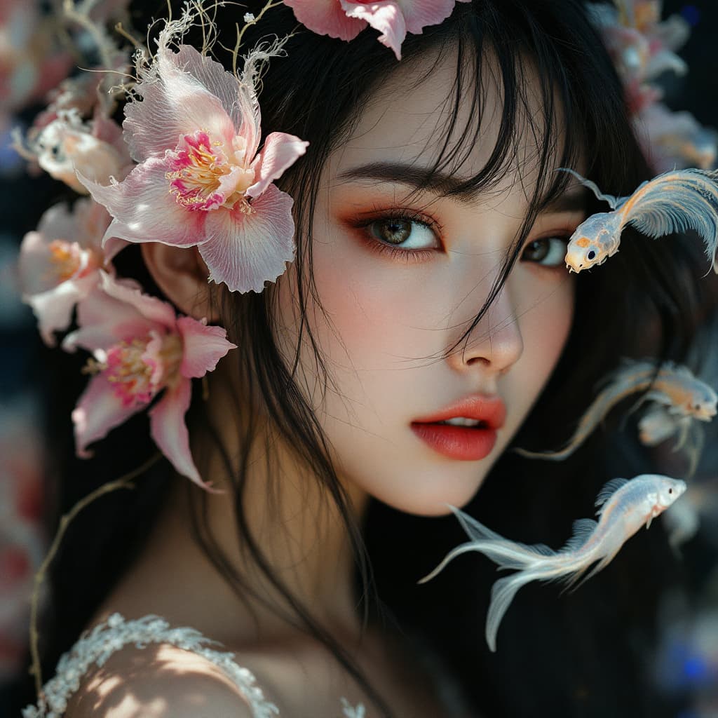 AI generated: Goddfashion photography, perfect face,through, pretty silk long black hairs,(medium side breast),cut...