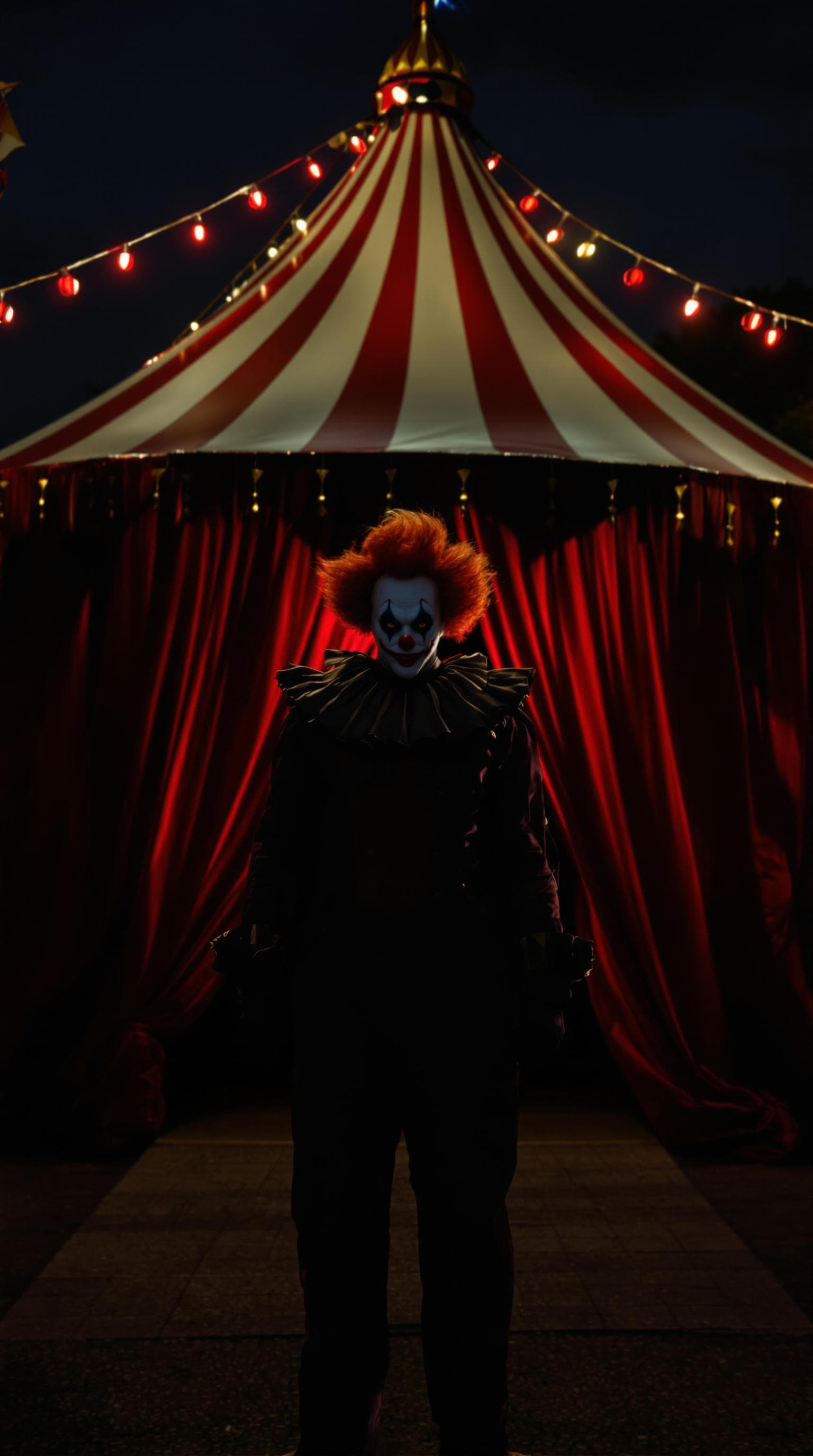 AI generated: A evil clown standing in front of the circus tent at night, highres, realistic photo, professional p...