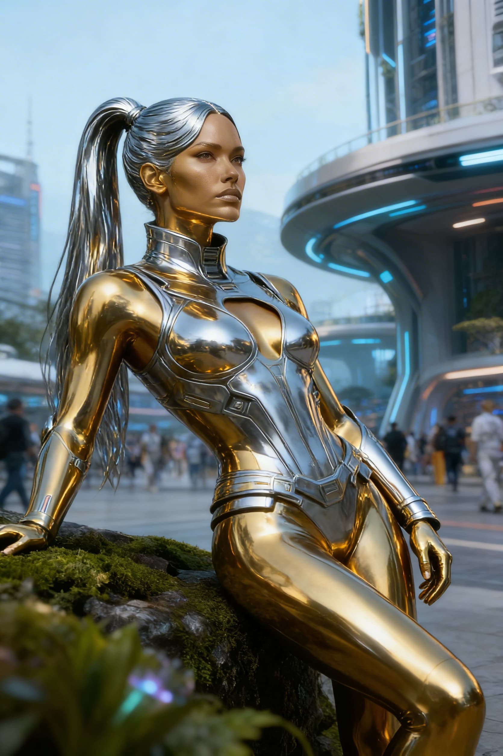 AI generated: Create from the reference image, a solid golden-silver being, powerful, loving. From flesh to sleek ...