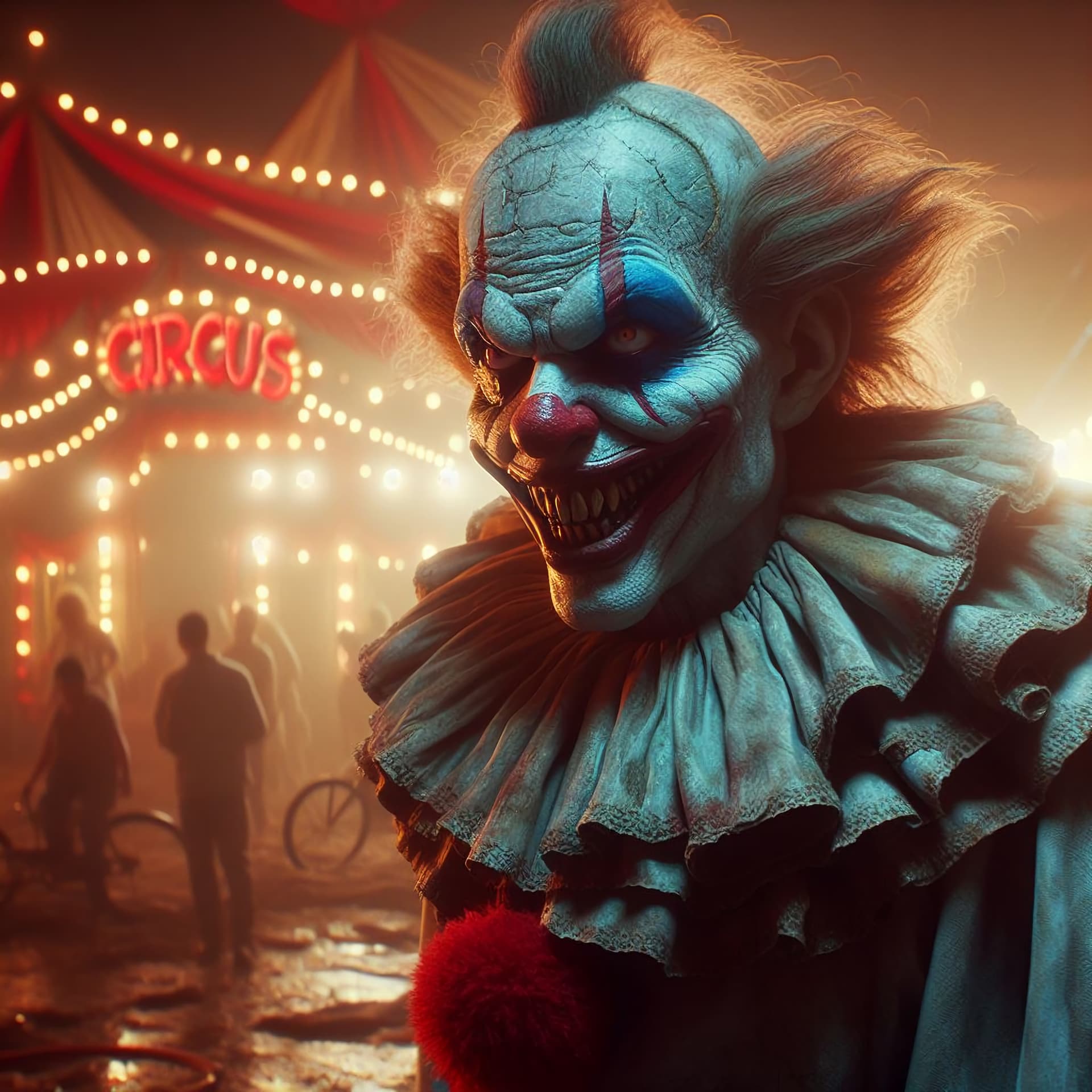 AI generated: Nightmare version of a circus,creepy clowns,bad grine,dynamic light,shiny,high detailed cinematic, G...