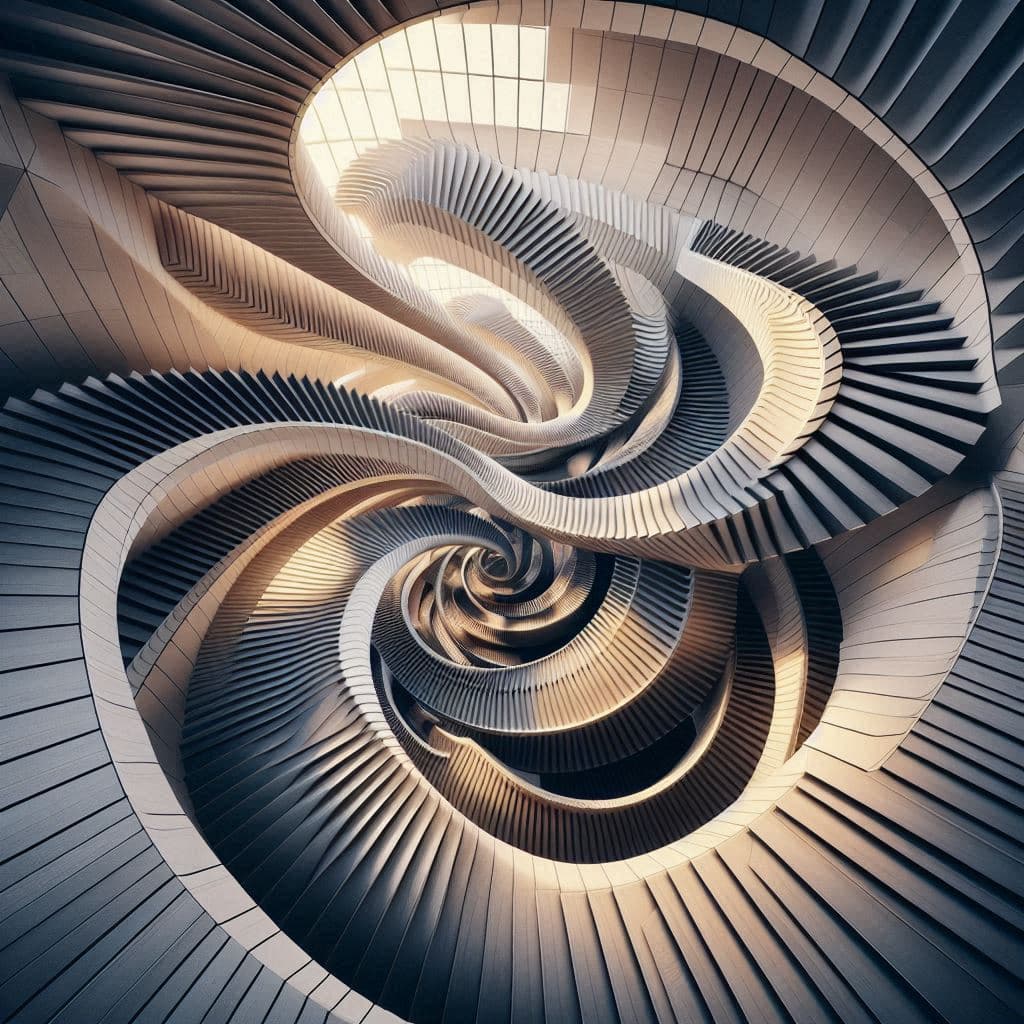 AI generated: An endless staircase in the style of M.C.Escher, 8k, harmonious composition, fluid, organic shapes, ...