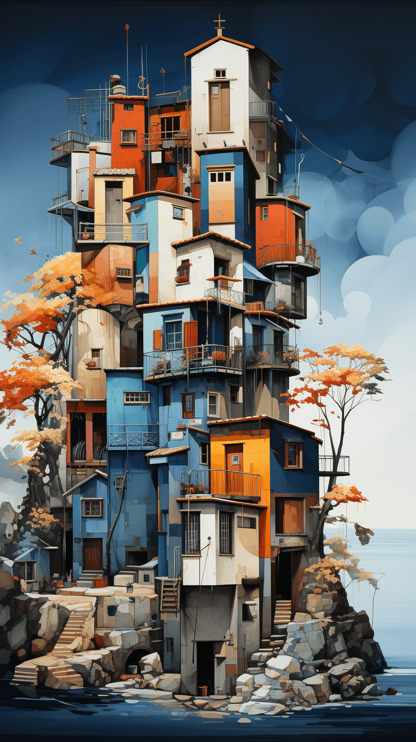 AI generated: ancient houses arthouse art, in the style of seaside vistas, vibrant airy scenes --ar 9:16 --s 750 -...