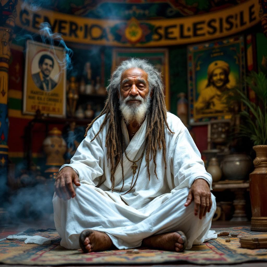 AI generated: A highly detailed cinematic realistic frontal image of a 70-year-old Rastafarian man with long, gray...