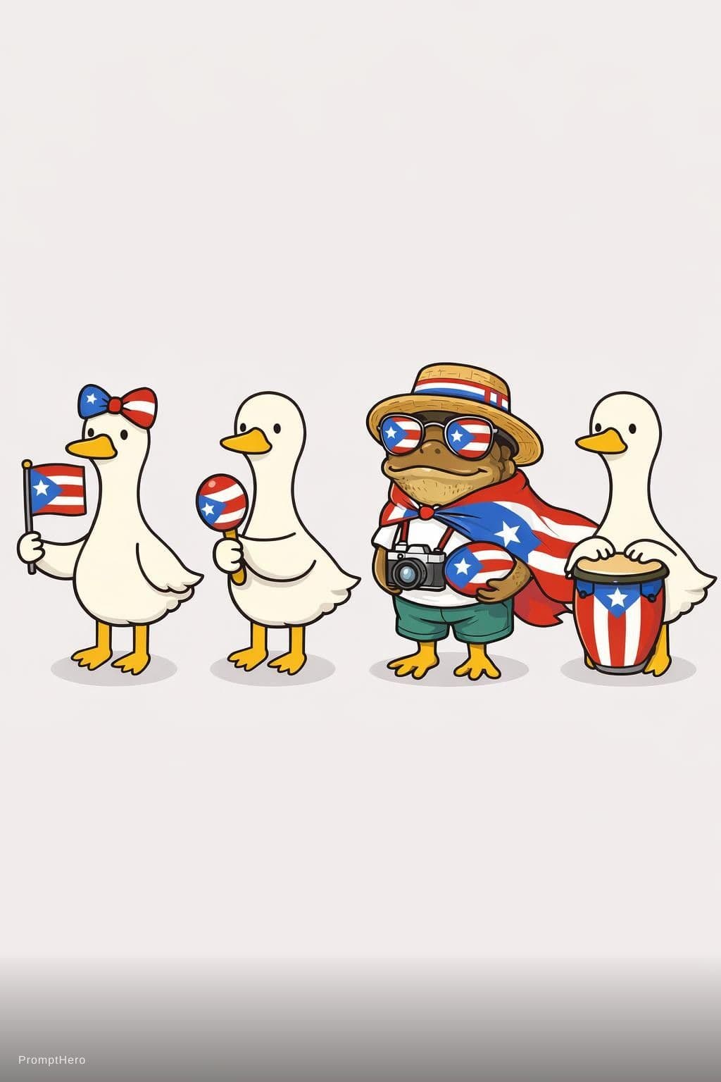 AI generated: cute cartoon lineup of four characters in the same style and the same size, evenly spaced, identical...