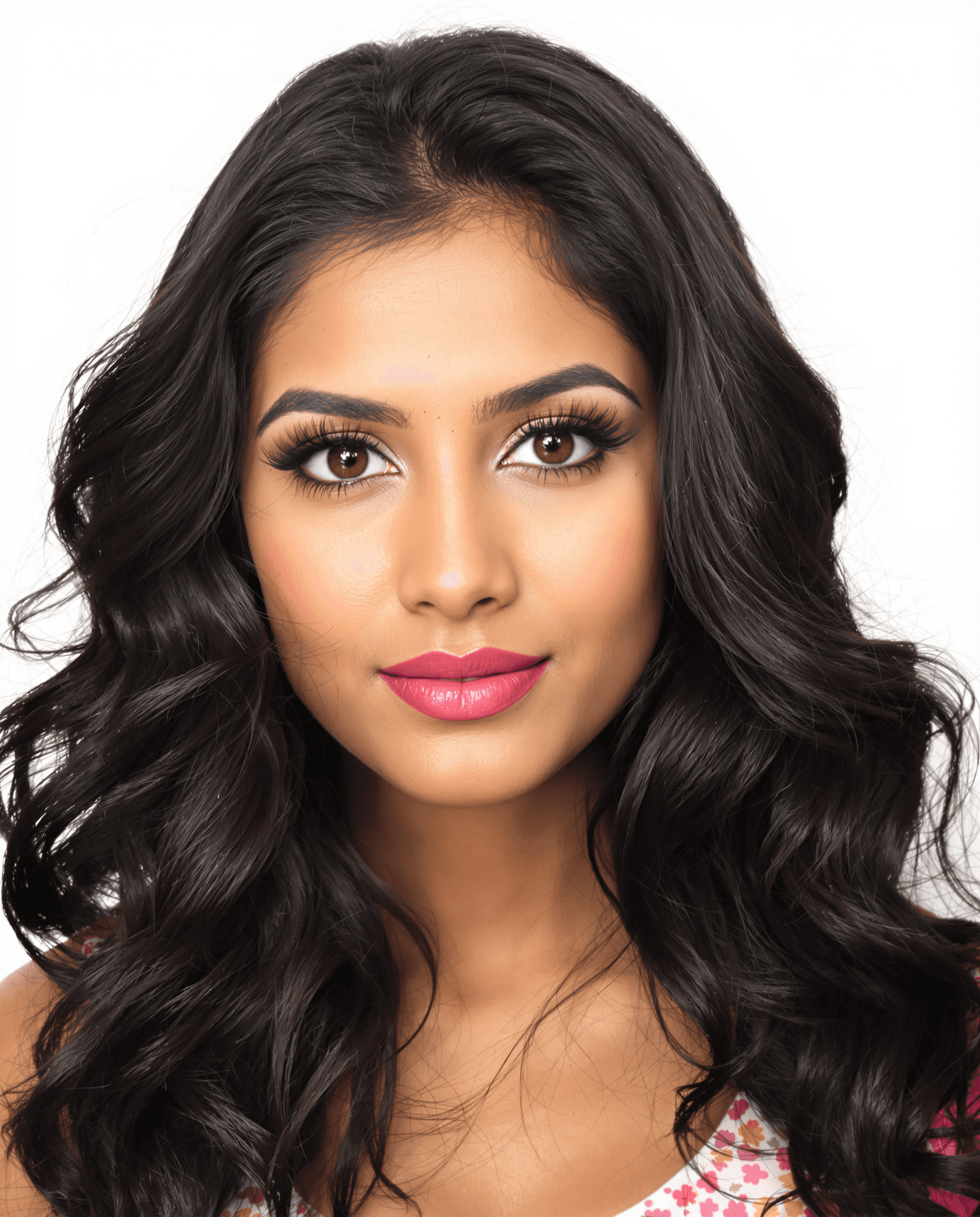 AI generated: "A stunningly attractive young Indian woman with defined brunette facial features, soft wavy dark br...