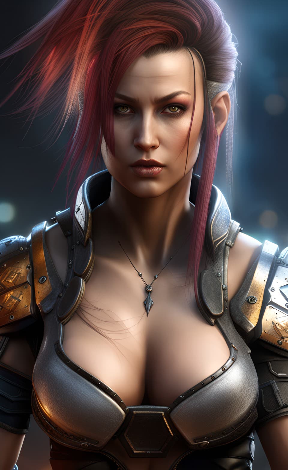 AI generated: Cyberpunk style futuristic tech warrior, brass and steel armor, detailed sharp facial features, hype...