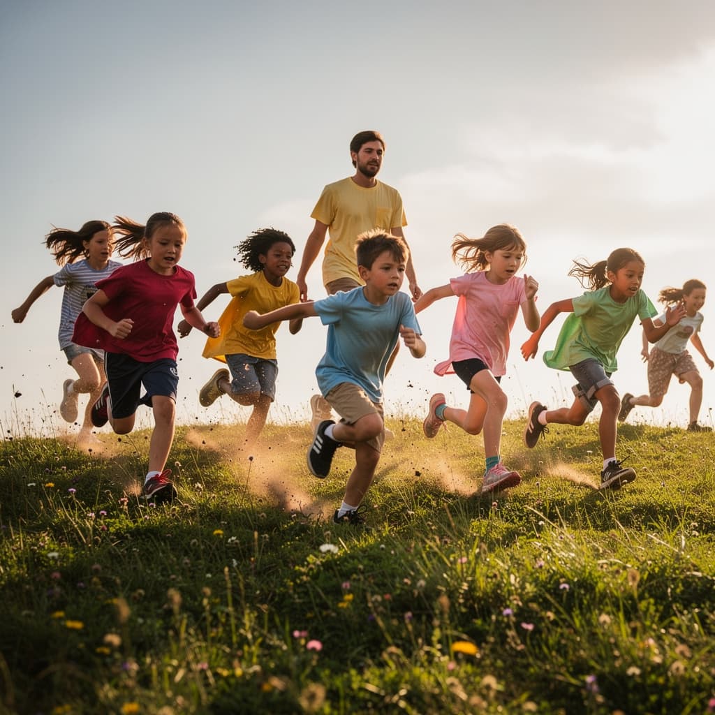 AI generated: Children sprinting energetically up a steep green hill, dust rising from their feet, determined face...
