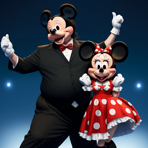 AI generated: Mickey Mouse as Javier Milei, Fat, and 55 years old, dancing with Minnie. 

