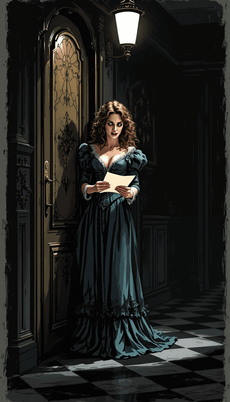 AI generated: A Victorian lady opening a letter, looking concerned, panicked and worried in a Penny Dreadful comic...